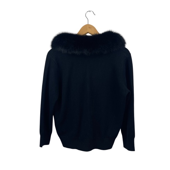 MILLY Black Fur-Collar Merino Wool Cardigan Sz L - Picture 6 of 11